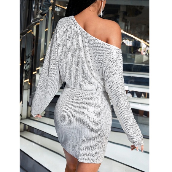 Silver Sequined One Shoulder Dress Long Sleeve Mini Short - Picture 3 of 10
